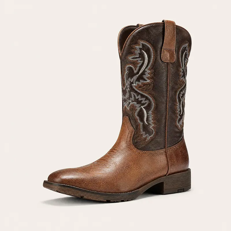 Meridos Men's Western Cowboy Boots - Wide Square Toe, Side Zipper, Wide-Fit Soft Faux Leather, No Break-In Period, Easy On/Off, Mid-Calf, Block Heel, Embroidered, All Seasons, Rubber Sole, for Line Dancing, Western Party