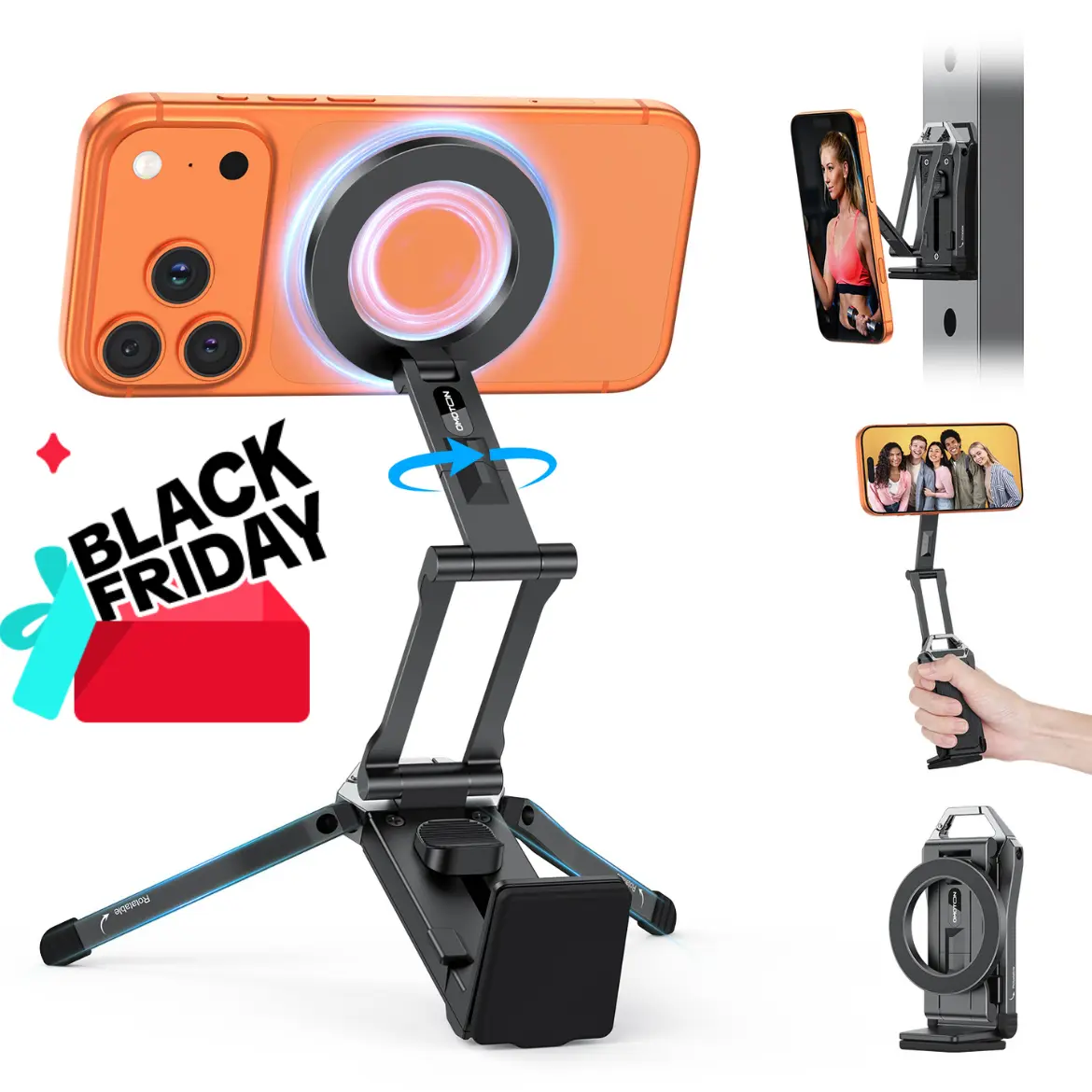 OMOTON Magnetic Phone Tripod Stand Foldable Travel Mount with 360 Rotating Shaft Adjustable Ring Grip Selfie Stick Clamping Mount & Hook for Desk Airplane Luggage Outdoor Use Smartphone Cellphone Black Friday Deal Portable