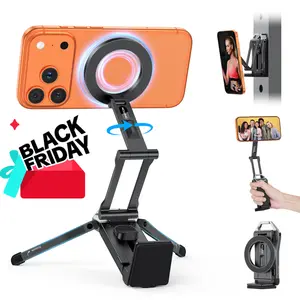 OMOTON Magnetic Phone Tripod Stand Foldable Travel Mount with 360 Rotating Shaft Adjustable Ring Grip Selfie Stick Clamping Mount & Hook for Desk Airplane Luggage Outdoor Use Smartphone Cellphone Black Friday Deal Portable