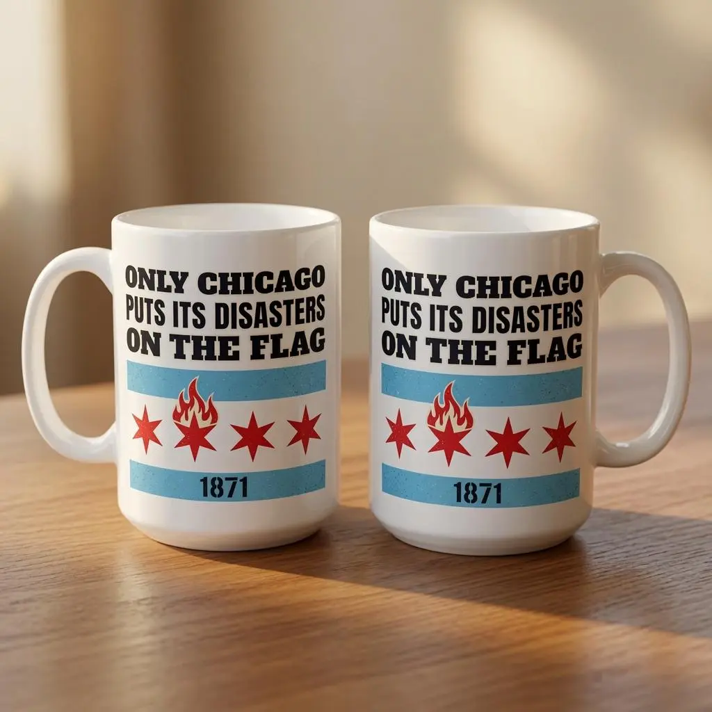Chicago Flag Mug, Only Chicago Puts Its Disasters On The Flag, Funny Chicago History Coffee Mug, Great Chicago Fire 1871 Gift