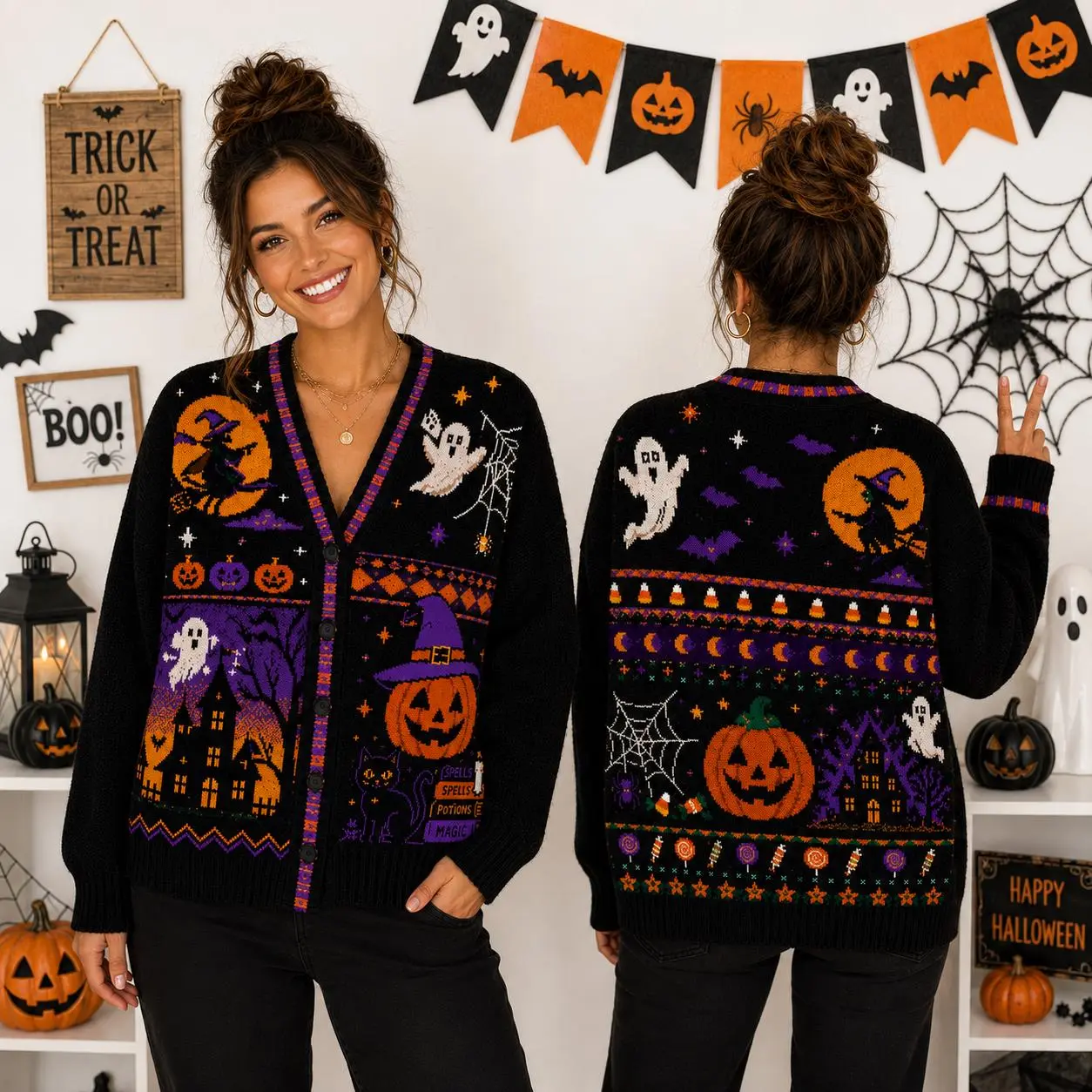 Trick Or Treat Halloween Cardigan, Pumpkin Knit Cardigan, Retro Pumpkin Cardigan, Halloween Knit Sweater