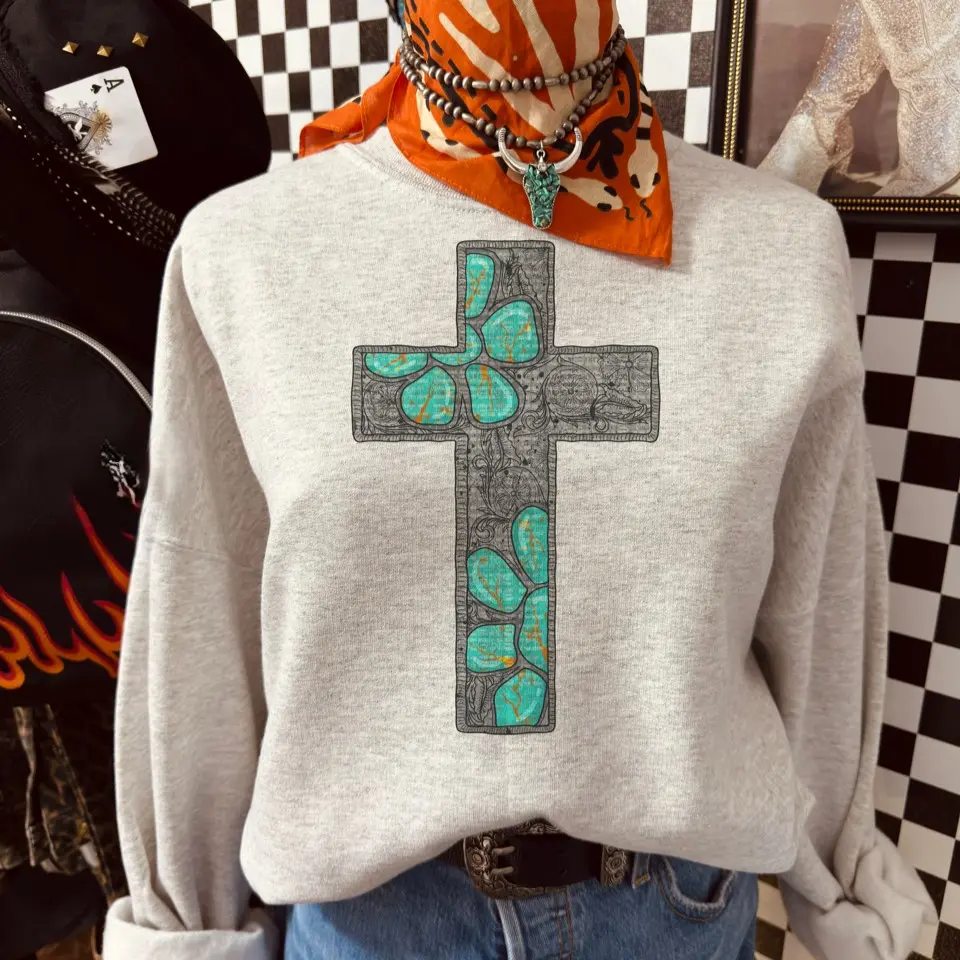 Western Tooled Metal Turquoise Cross Sweatshirt,Wild West Rodeo Tee, Cowboy Cowgirl Merch, Western Southern Trendy Tee