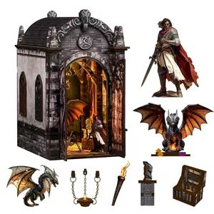 NOANTA DIY Wooden Book Nook Kit, Fantasy Dragon Bookstore Miniature House Model Kit, 3D Wooden Puzzle with Dragon Figurines and Torch Accessories, Desktop Bookshelf Decor Gift for Adults Book Lovers