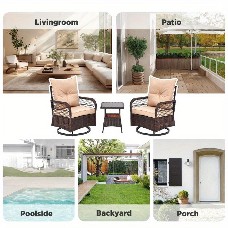 3-Piece Rattan Bistro Set, Patio Furniture Set with 360° Swivel Chairs & Tempered Glass Table, Ideal for Patio, Garden, Beige