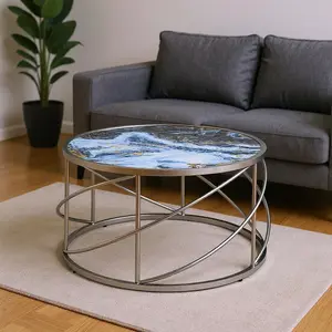 360 stand Round Coffee Table - 33 in. Round Shape, Blue & Silver Wood & Iron Frame, Faux Marble Tabletop, Geometric Base, for Contemporary Home Decor