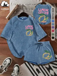 Washed cotton, denim blue 'LIMONCELLO' lemon pattern letter print, two-piece women's graphic T-shirt and shorts, casual short-sleeved T-shirt and shorts, women's four-season two-piece suit, women's clothing