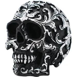 Gothic Skull Home Decor - Realistic Skeleton Skull Head Statue, Halloween Resin Skull Figurine with Silver Designs, 3.62 Inch Fake Skull for Party Home Desk Decor