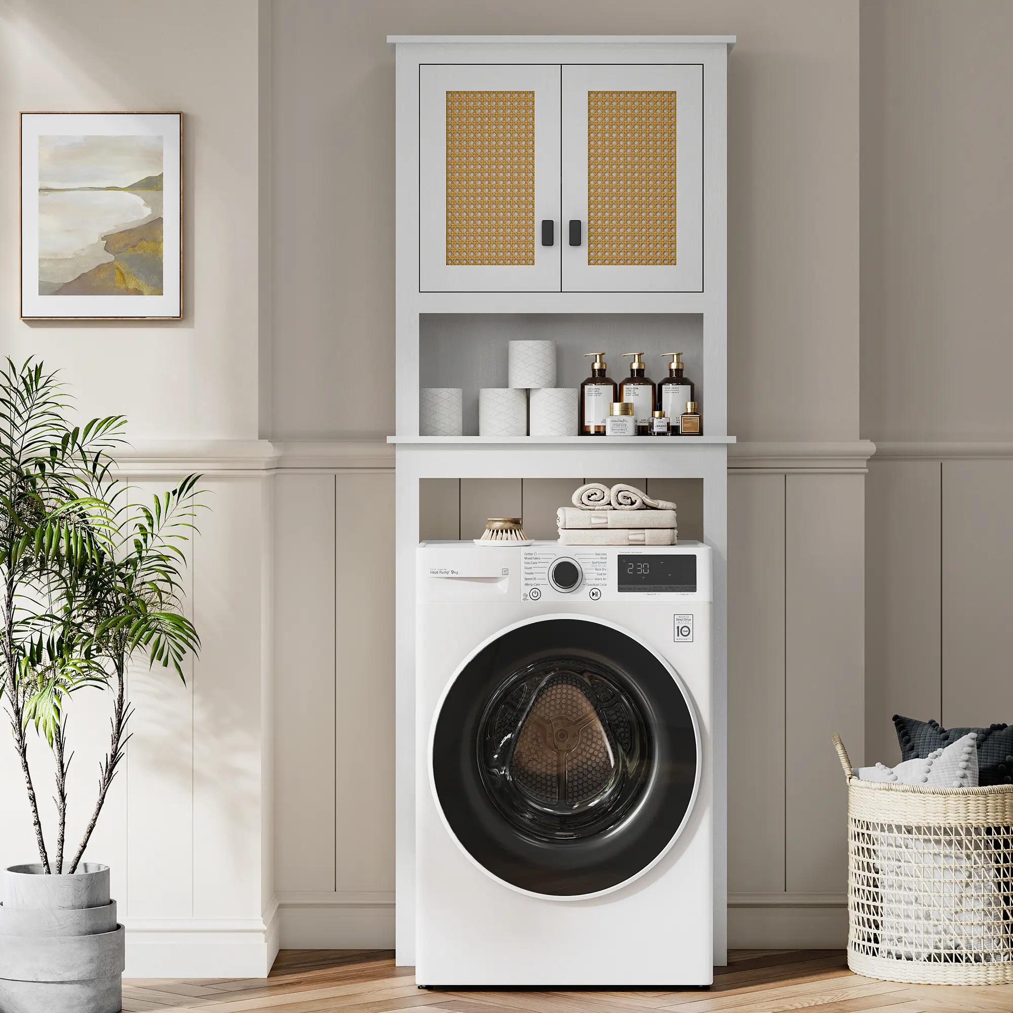 Over the Toilet Storage Cabinet - Rattan Doors - Adjustable Shelf - Space-Saving Freestanding Bathroom Organizer Rack for Restroom, Laundry, or Above Washer - White