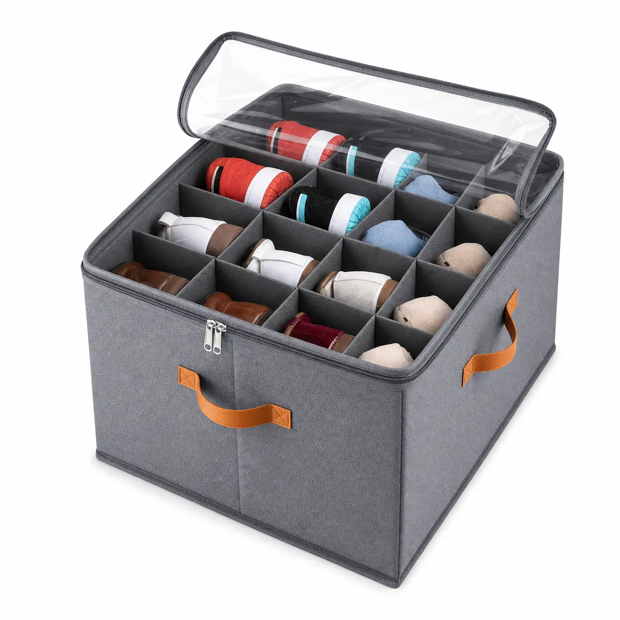 Shoe Storage Organizer Box with Clear Lid, 16 Compartments Foldable Shoe Holder, Closet Sneaker Storage Bin with Handles for Bedroom, Entryway, Under Bed，Back to School, Clothes and Accessories