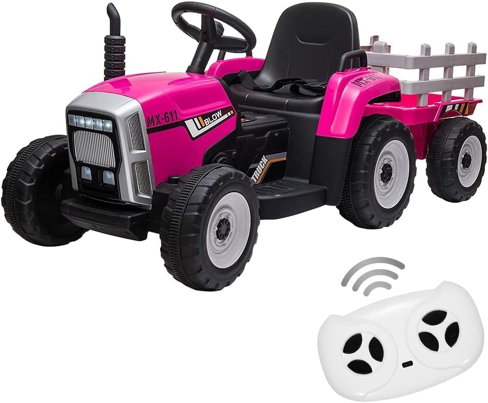 12V Ride on Tractor with Trailer & Remote Control,Speed Up to 5mph, Toddler Electric Vehicle Car with LED Headlights,2+1 Gear Shift,MP3 Player,USB for