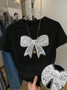 Women's Silver Color Sequined Bow Embroidered Short Sleeve T-Shirt, Stylish and Unique Design, Breathable and Comfortable, Casual Party Wear
