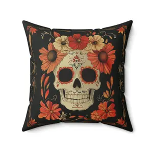 Microsuede Cushion / Dia de los Muertos Art / Daisy Flower Skull /