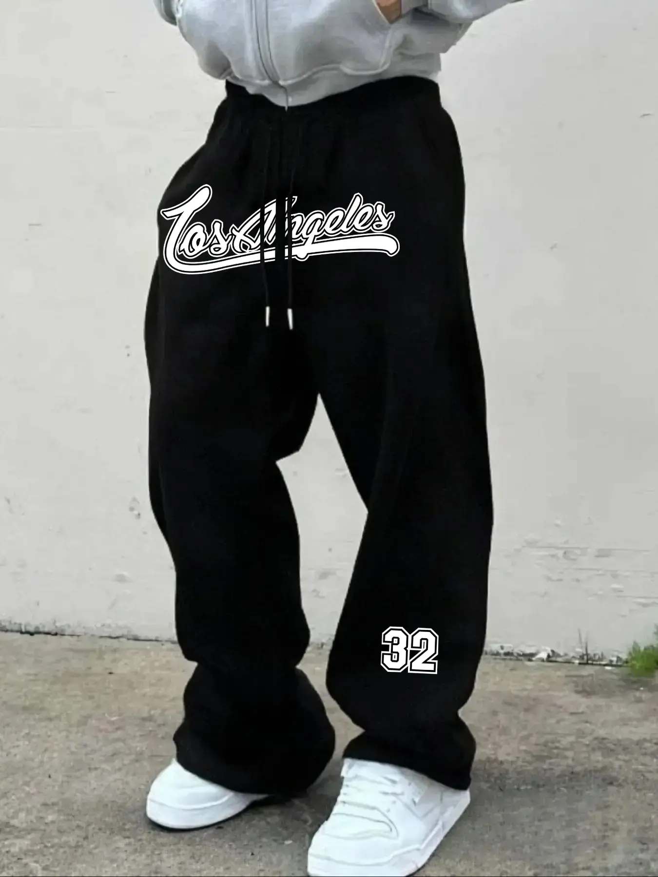 Men's Casual Sporty Long Pants, Los Angeles Pattern Print, Drawstring Wide Leg, Loose-Fitting, All Seasons Wear, Men's Fashion, Letter Patched Sweatpants, Casual Sporty Trousers, Casual Athletic Pants, Drawstring Waist Sweatpants