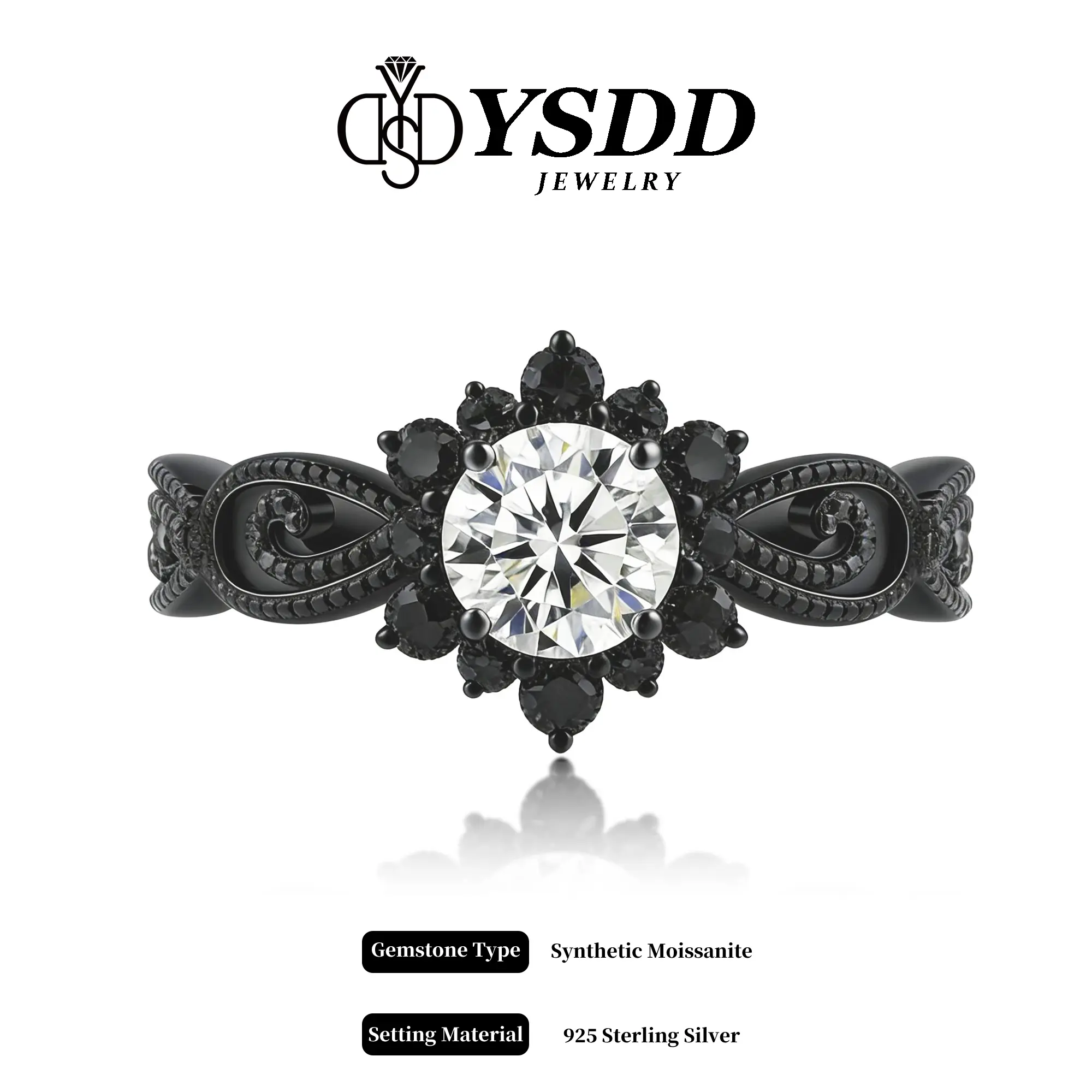 【#442 Dark Elsa】1CT Black Tone Snowflake Ring vvs Synthetic Moissanite Rings in 925 Sterling Silver