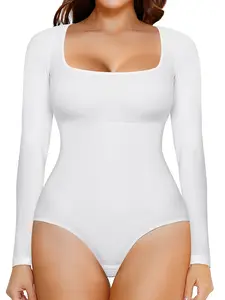 Women's Solid Square Neck Long Sleeve Shapewear Bodysuit, High Stretch Hook & Eye Closure Crotch  Tummy Control Shaper, Ladies Shapewear for All Seasons