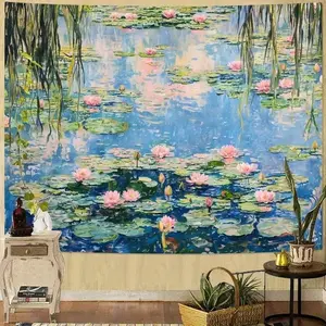 2D Flat, 1pc Monet Water Lily Tapestry Wall Art - Impressionist Painting Replica, Large 101.6x152.4 cm Horizontal Hanging Decor for Living Room, Bedroom - Tranquil Pond Scene with Pink for Lotus Flowers - Easy-to-Hang Home Decoration, Serene Artwork, Deta
