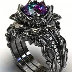 Luxury black flower and leaf design 3 ring set with rainbow cubic zirconia, elegant royal style engagement and anniversary fashion jewelry for bride