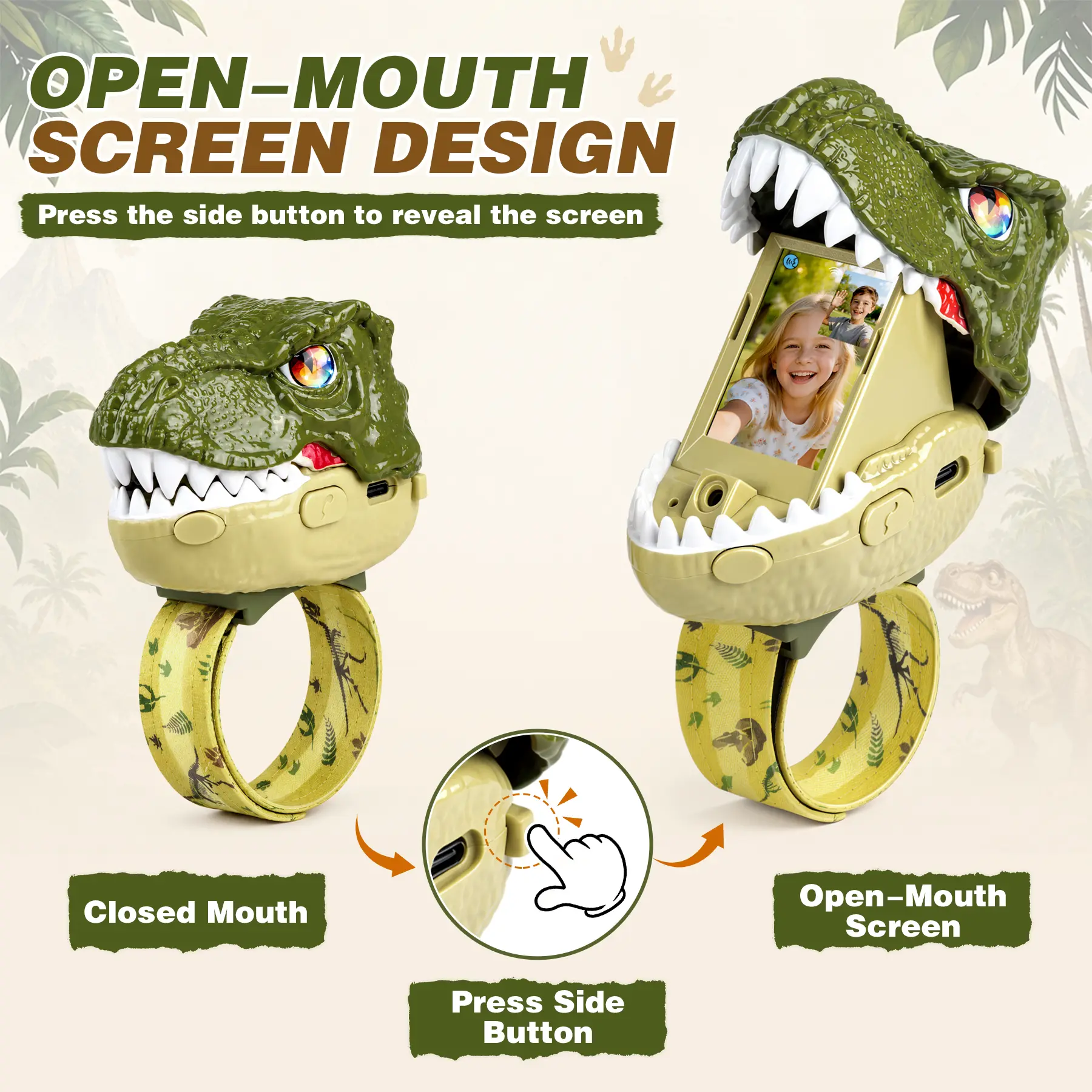 Open mouth dinosaur walkie talkie revealing 2 inch video screen