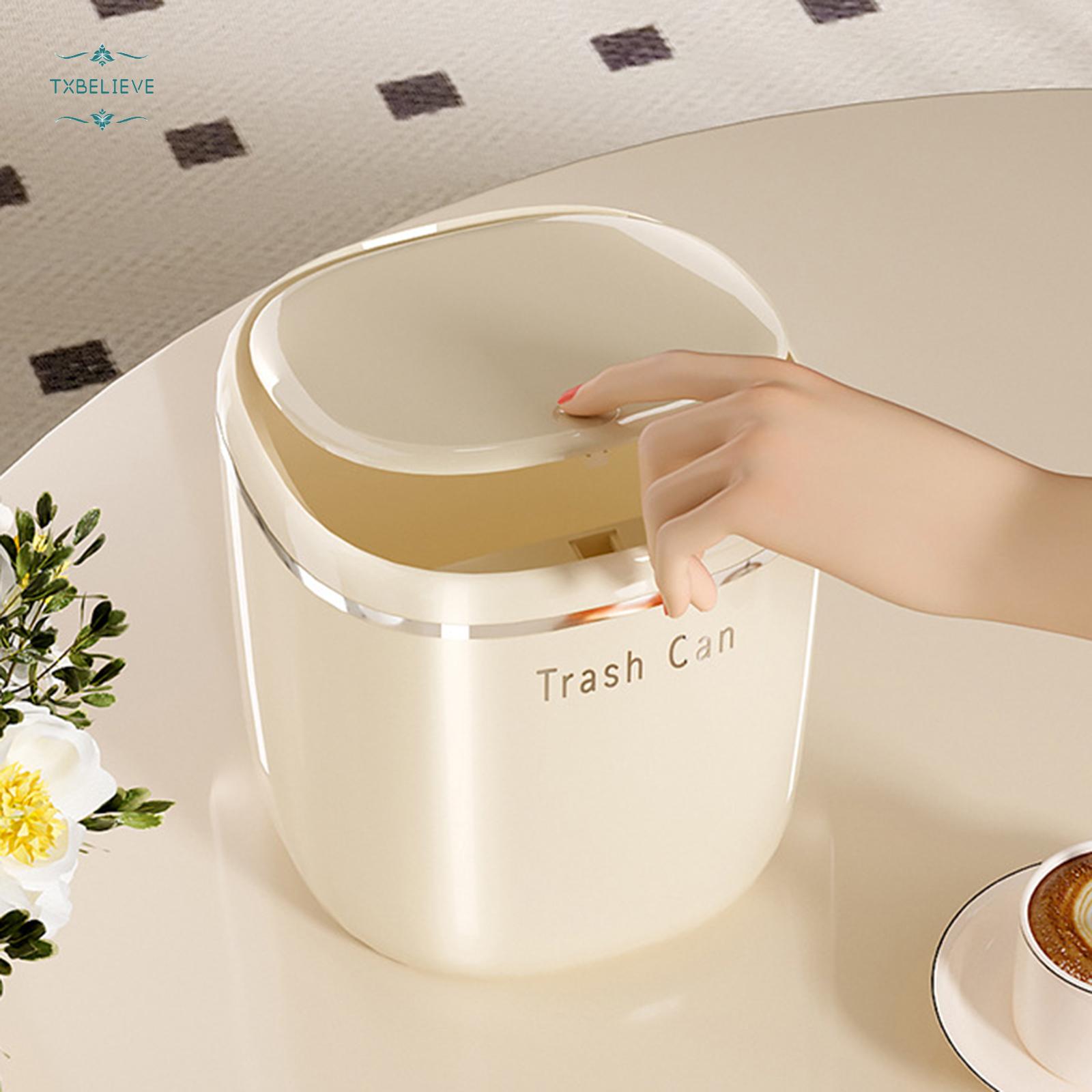 Small Cream/Black Flipping Lid Trash Can for Desk Organization in Dorm and with Space Saving