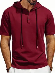 Men's Loose Fit Vintage Hooded Henley Shirt, Short Sleeve Summer Casual Top, American Style Cross-Border Fashion Apparel