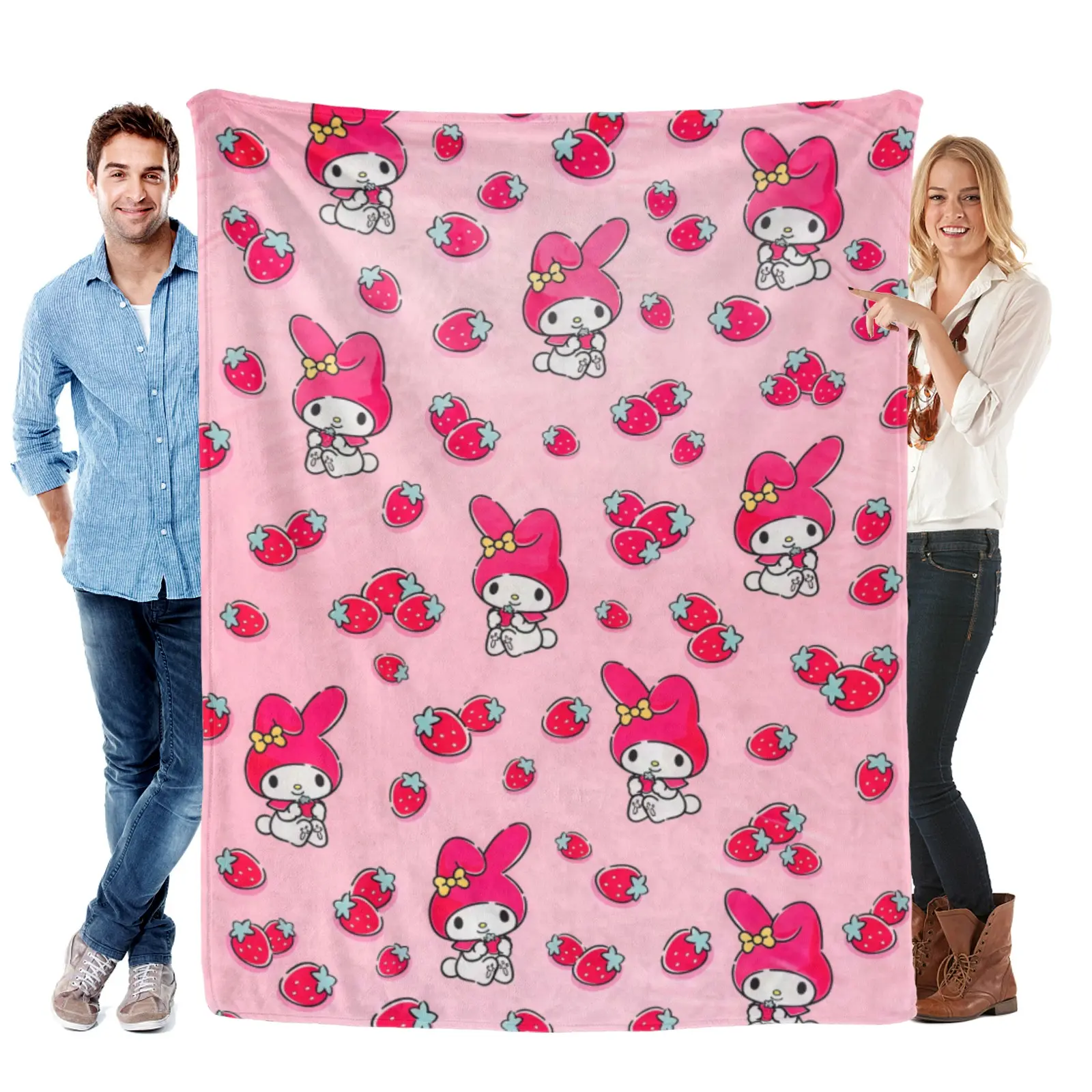 [Summervibes] Sanrio Pastel Pink Strawberry My Melody Blanket - Soft Cozy Fruit Print, Machine Washable, Match Complete My Melody Bedding For Girls Bedroom Styling