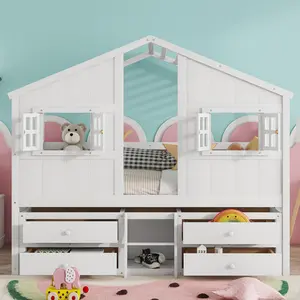 Full Size House Loft Bed with Roof, Windows,4 Storage Drawers,Pine Wooden Bed with Safety Guardrails,Ladder,White