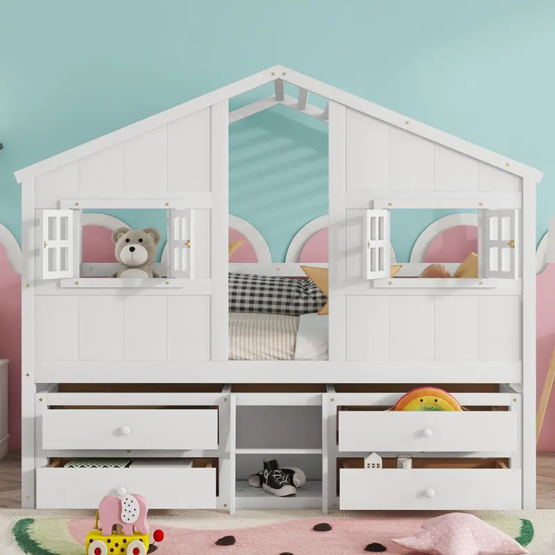 Full Size House Loft Bed with Roof, Windows,4 Storage Drawers,Pine Wooden Bed with Safety Guardrails,Ladder,White