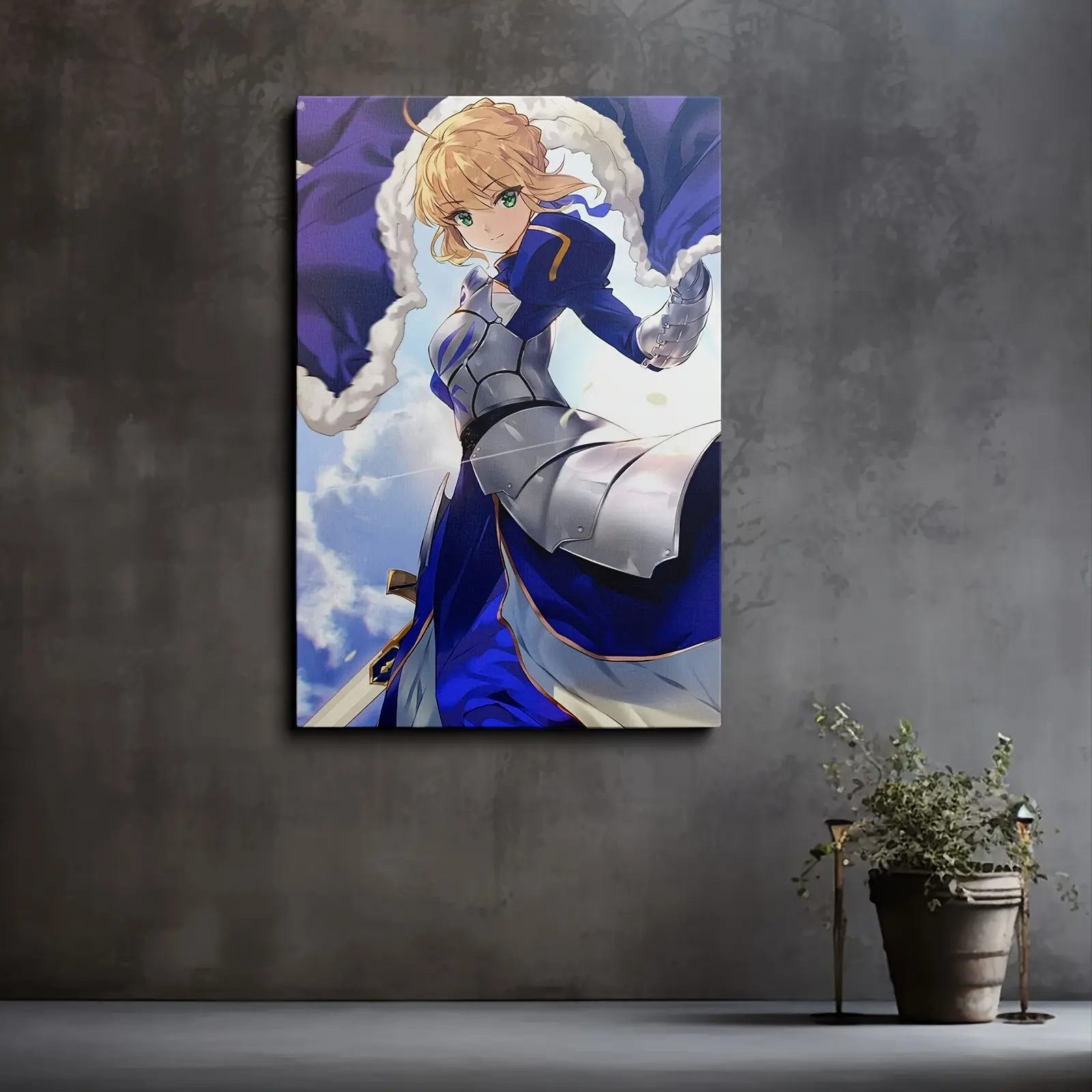 Fate Anime Character Saber Canvas Art Print in Blue, High-Quality Poster for Wall Decoration, Popular 2D Anime Artwork