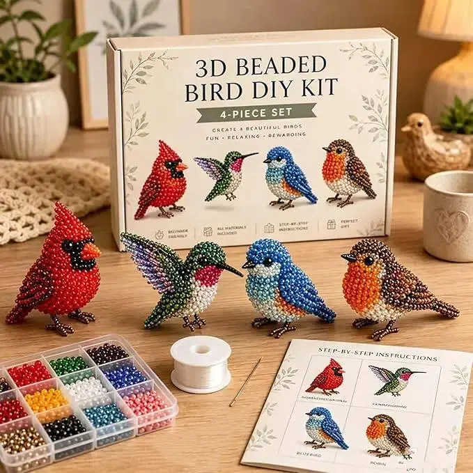 Tiny 3D Beaded Animal DIY Kit, 3D Beaded Animal Kit, Easy DIY Beading Embroidery Kit with 4 Cute Designs, 3D Animal Themed Beadwork Kit for Beginners & Craft Enthusiasts