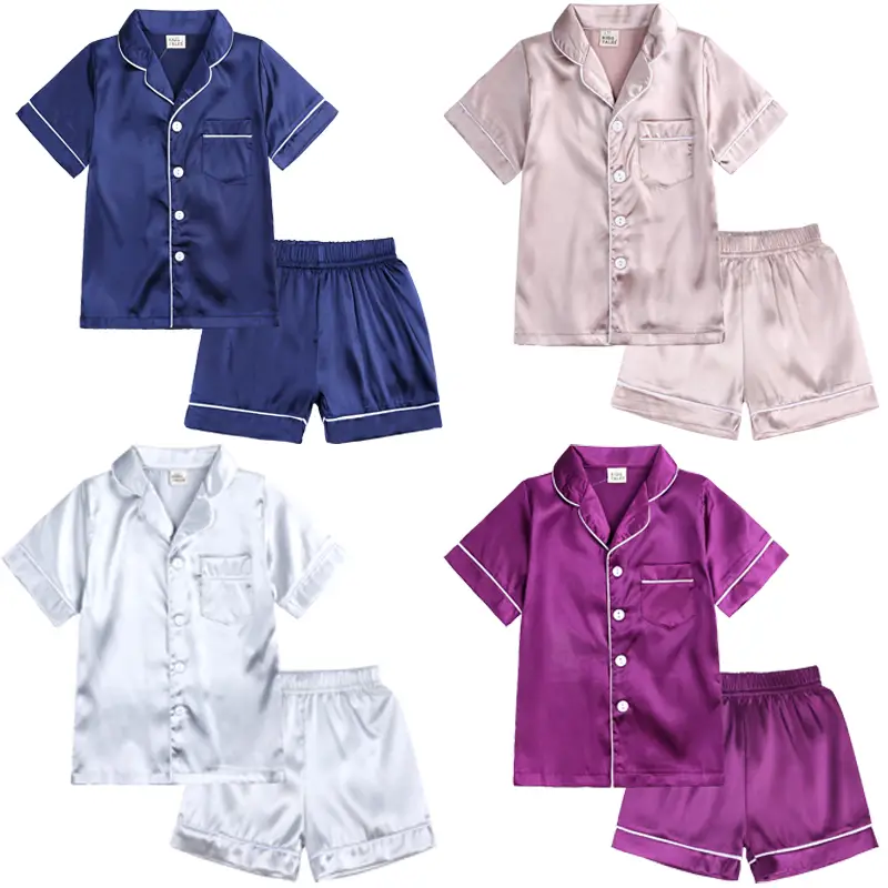 2024 Kids Clothes Pajama Sets For Boys Girls Short Sleeve Solid Button Top Shirt +Shorts Pyjamas Children Sleepwear Young Teenager Clothing