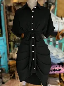 Women's Lapel Single-Breasted Belted Waist Short Sleeve Shirt Dress, Summer Fashion Casual Wear, Stylish Women's Clothing, Womenswear