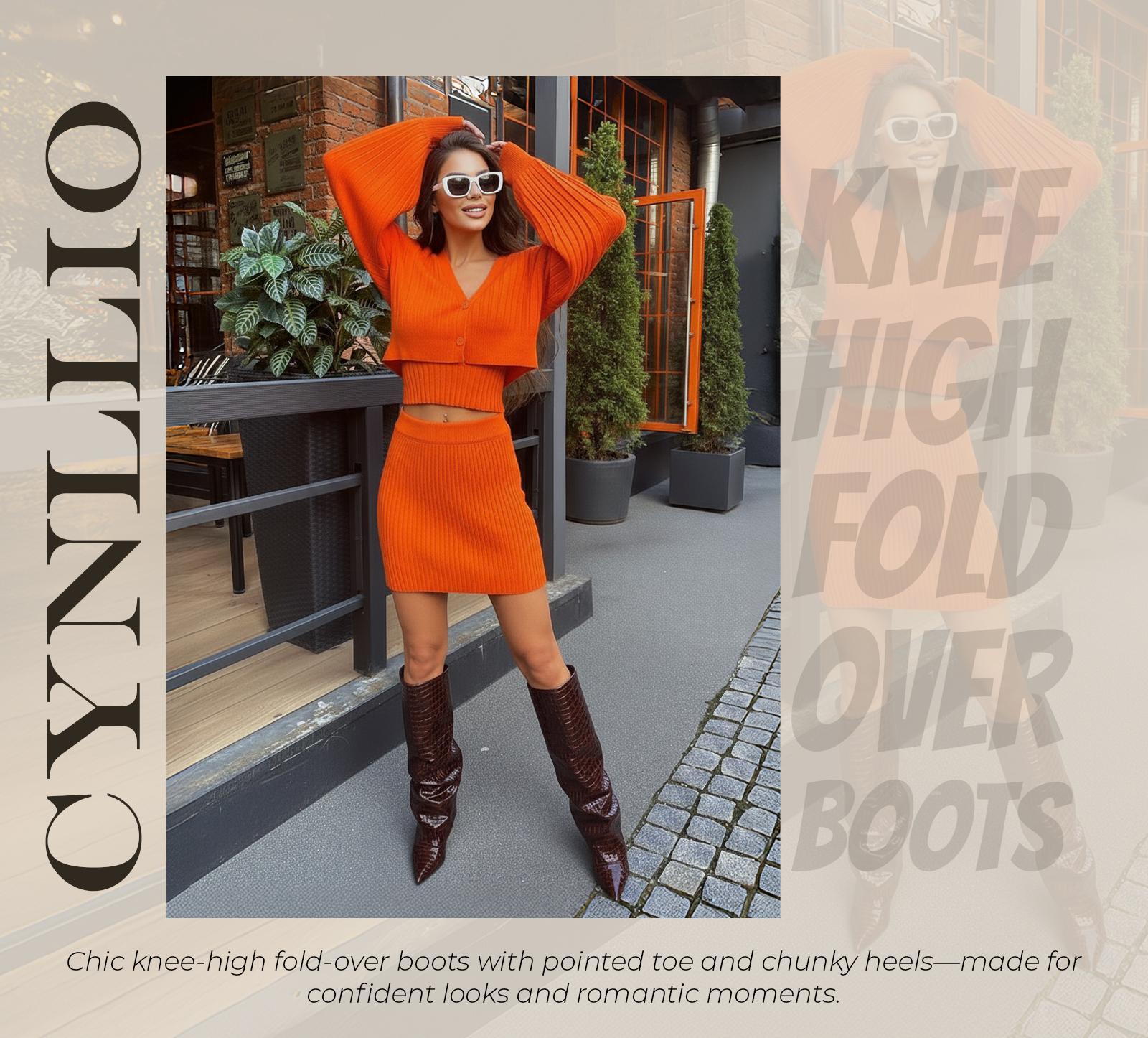 CYNLLIO Knee High Boots for Women Elegant Pointed Toe Chunky Block Heel Fold Over Slouchy Boot Pull On Trendy Fashionable Tall Shark Boot Spring Shoes for Women
