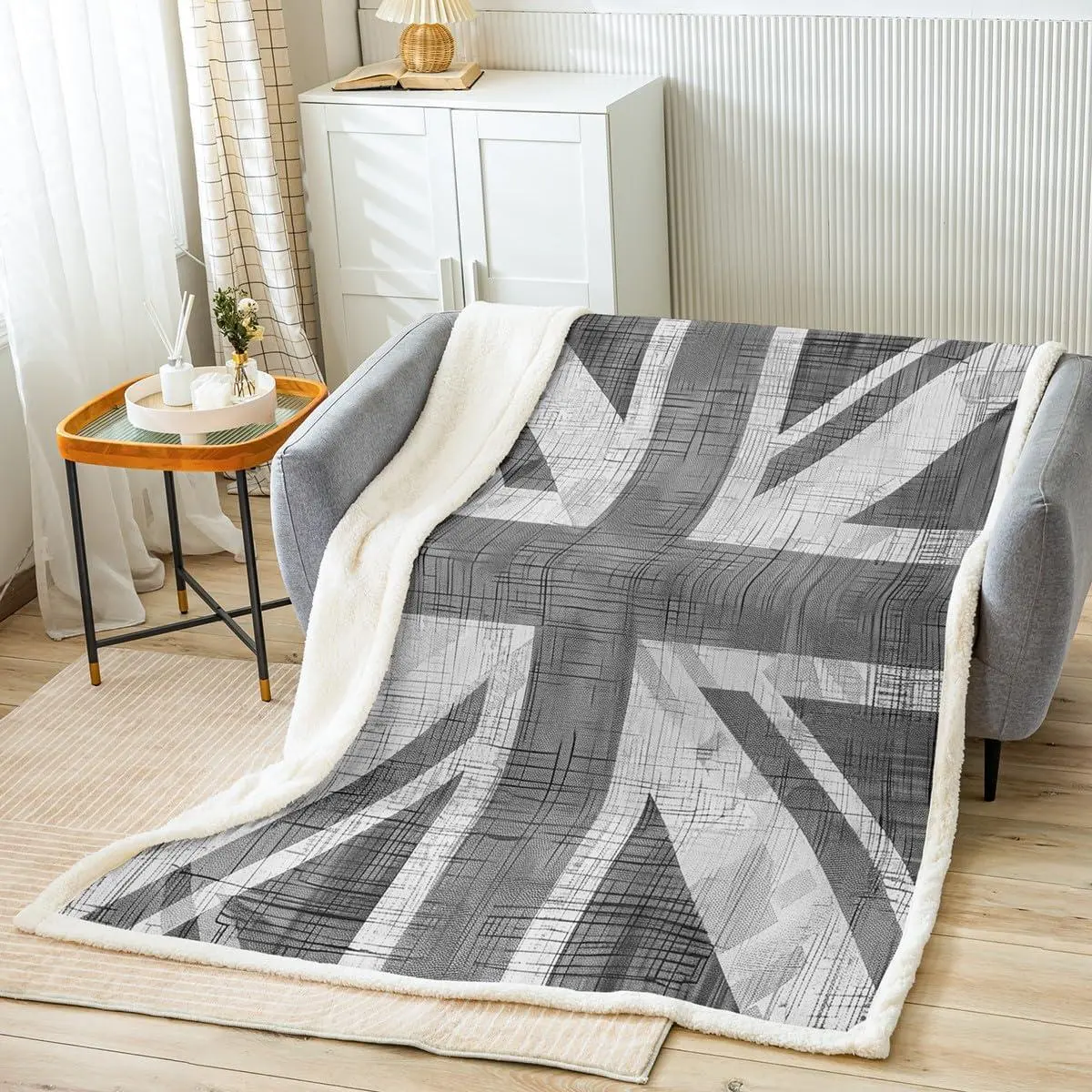 United dom Flag Sherpa Blanket Union Jack Plush Blanket Grey UK Flag Fleece Throw Blanket Adults Geometric Fuzzy Blanket Sofa Bed Couch,Soft Room Decor Throw