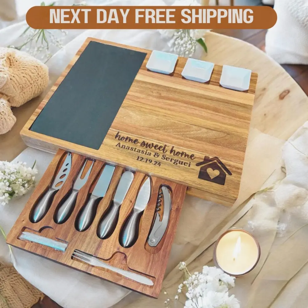 Personalized Deep Etch Rectangle Stainless Steel 17-Piece Tableware Set with 17in Oak Wood Charcuterie Board, Cheese Tray & Ceramic Accents - Multiple Uses, Ideal Wedding Gift