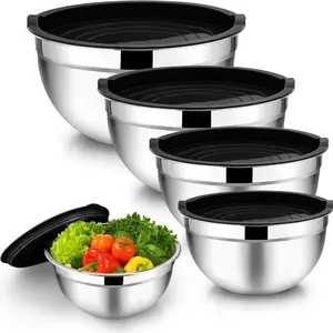5pcs Multi-purpose Household Whisking & Salad Bowl Set, Nesting Salad Bowls, Salad Serving Bowls, Thick Stainless Steel with Black Silicone Non-slip Base and Sealing Lids