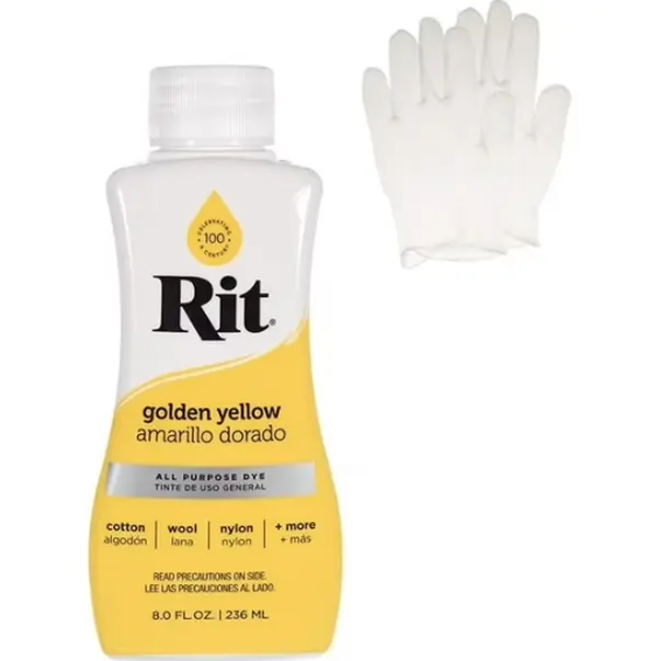Rit Golden Yellow 8 oz Liquid Fabric Dye, Tie-Dye Ready for Clothing, Home Crafts & Indoor Use, Multiple Fibers Compatible, with 1 Pair of Medium Latex-Free Vinyl Gloves