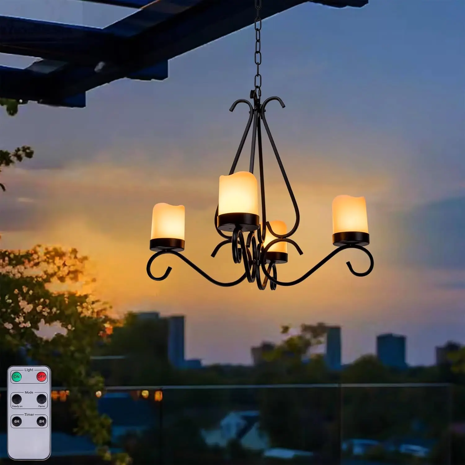 Operated Chandelier, Outdoor Chandelier with 4 count  Operated Led Candles, Hanging Candle Chandelier Lights Outdoor for Gazebo, Pergola, Patio, Canopy, Porch, Tent Decor