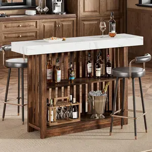 63" Long Bar Table, Home Bar Unit with 2 Tier Storage Shelves, Pub Table for 4-8 People, Modern Home Coffee Breakfast Kitchen Island for Dining Room, Bistro, Living Room, White+Walnut
