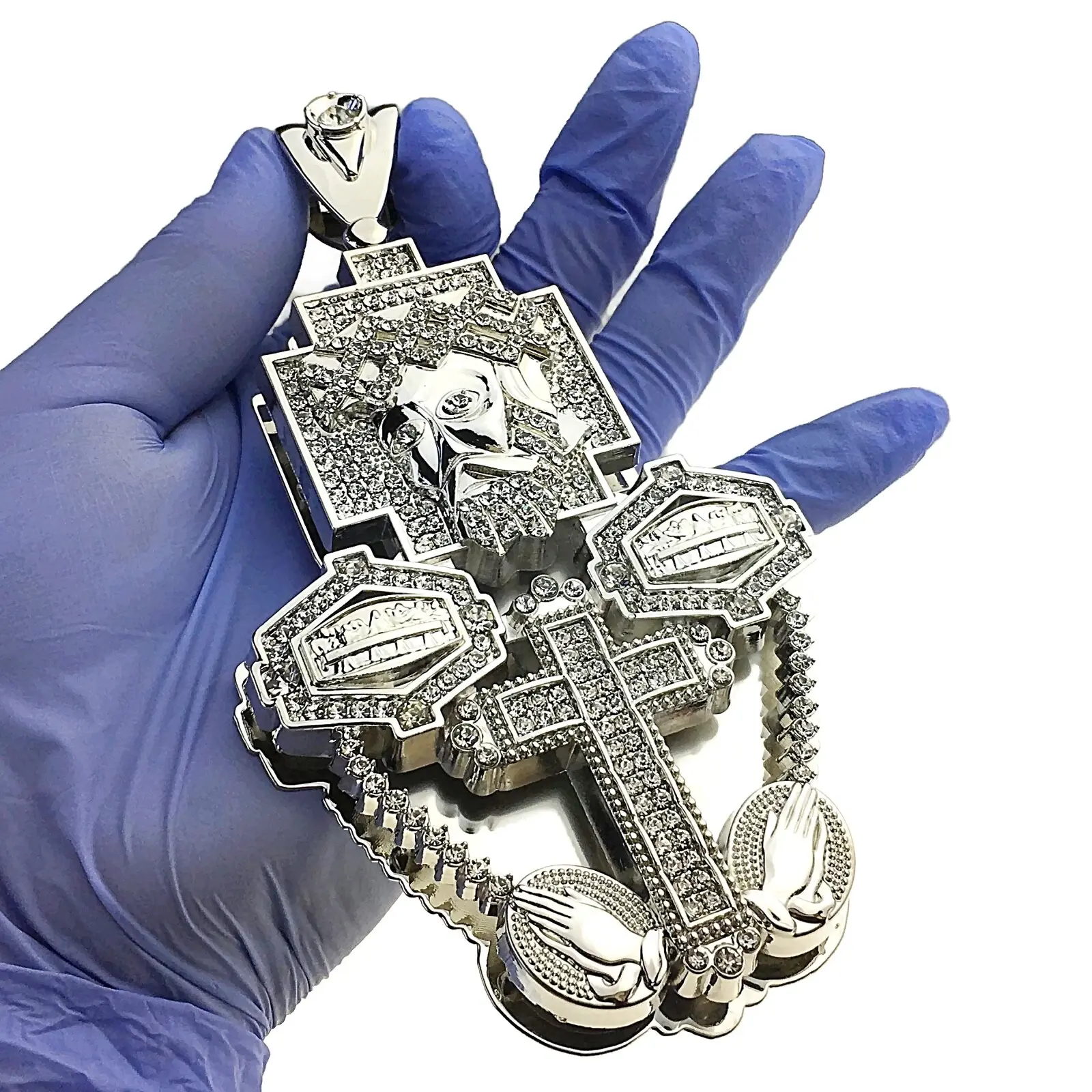 Huge 3D Jesus Combo Head Cross Last Supper Silver Tone Iced Simulated CZ Pendant