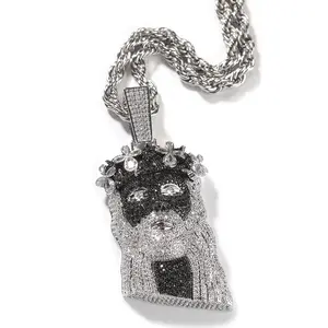 Lxalry Silver Black Iced Out Portrait Pendant Necklace Four Leaf Clover Crown Hip Hop Cuban Chain Streetwear Rapper Jewelry Gift For Men Women