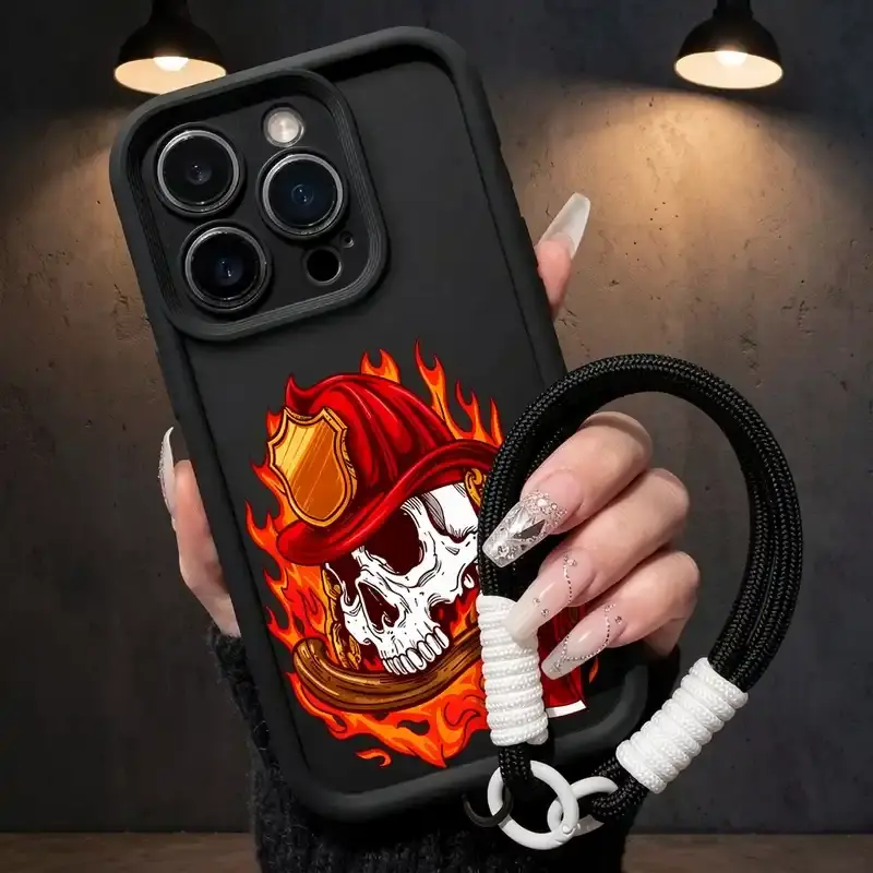 Stylish Skeleton Firefighter Pattern Man's Phone Case with Wrist Strap for iPhone 16 15 14 Pro Max 13 12 11 XR XS Plus E Shockproof Drop Protection Rugged Durable Silicone Cover Cellphone Protective Smartphone Casing
