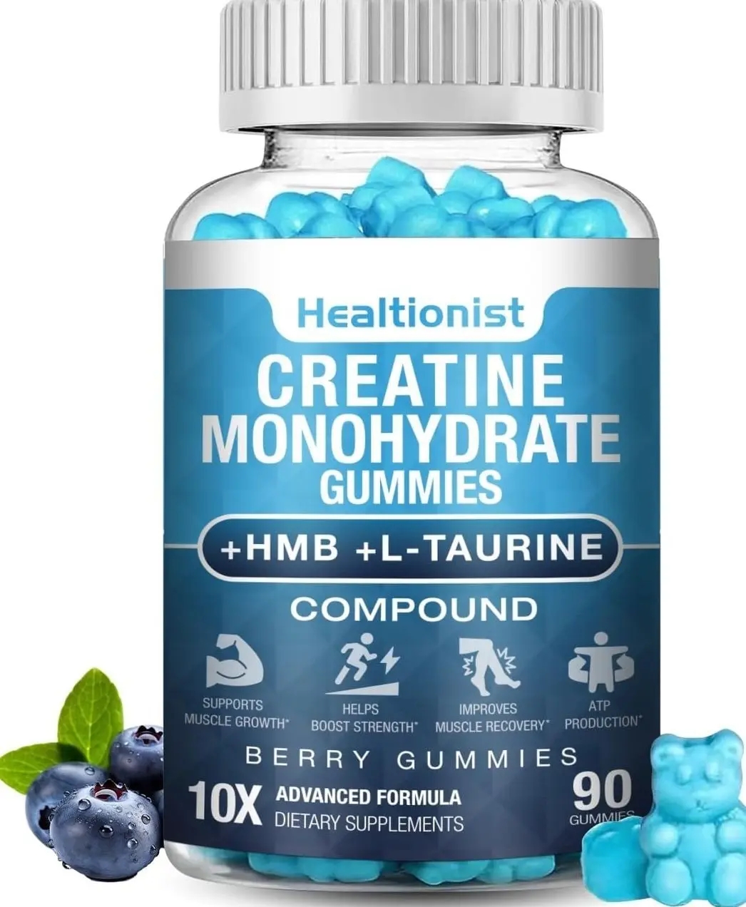 Healtionist 1 Pack 8000MG Creatine HMB Monohydrate Gummies for Men & Women,L-Carnitine, L-Taurine & Vitamin B6 12, 90 Blueberry Flavor Counts Supplement Gummies (30-Day Supply)