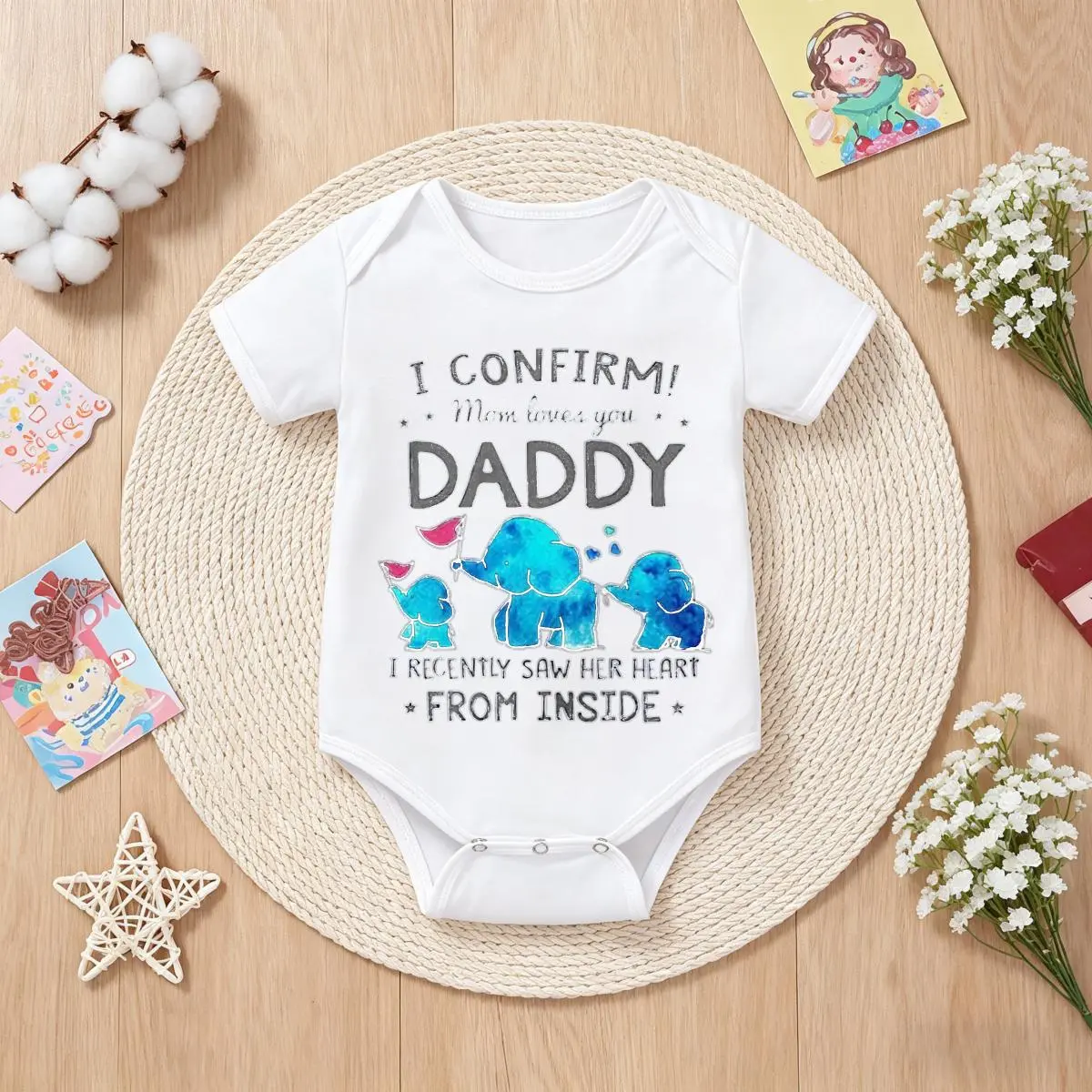 Newborn Baby Boy Bodysuit Romper - Breathable Boys' Jumpsuits, "I Confirm Mom Loves You Daddy I Recently Saw Her Heart From Inside" Print, Snap Closure, Cozy, Perfect Gift for Parents, Coming Home Outfit, Newborn Onesies, Fun Themed Bodysuits