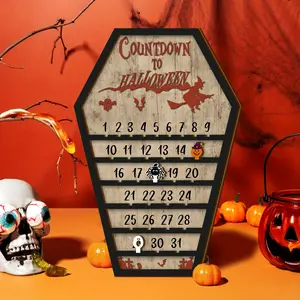 Halloween Countdown Calendar Board Moving Wooden Calendar Advent Calendar Movable Ghost Pumpkin Decoration Coffin Shaped Halloween Home Decor Holiday Decorative Sign