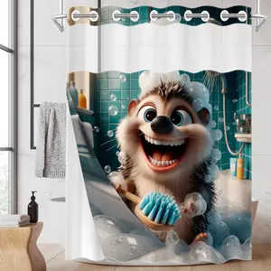 1PC/4PCS 2D Flat Printing Cute Hedgehog Taking a Bath in the Bathroom Patterned shower curtain, home bathroom decor, shower curtain set with 12 hooks, non-slip bathroom rug, U-shaped toilet seat cover, toilet seat mat.