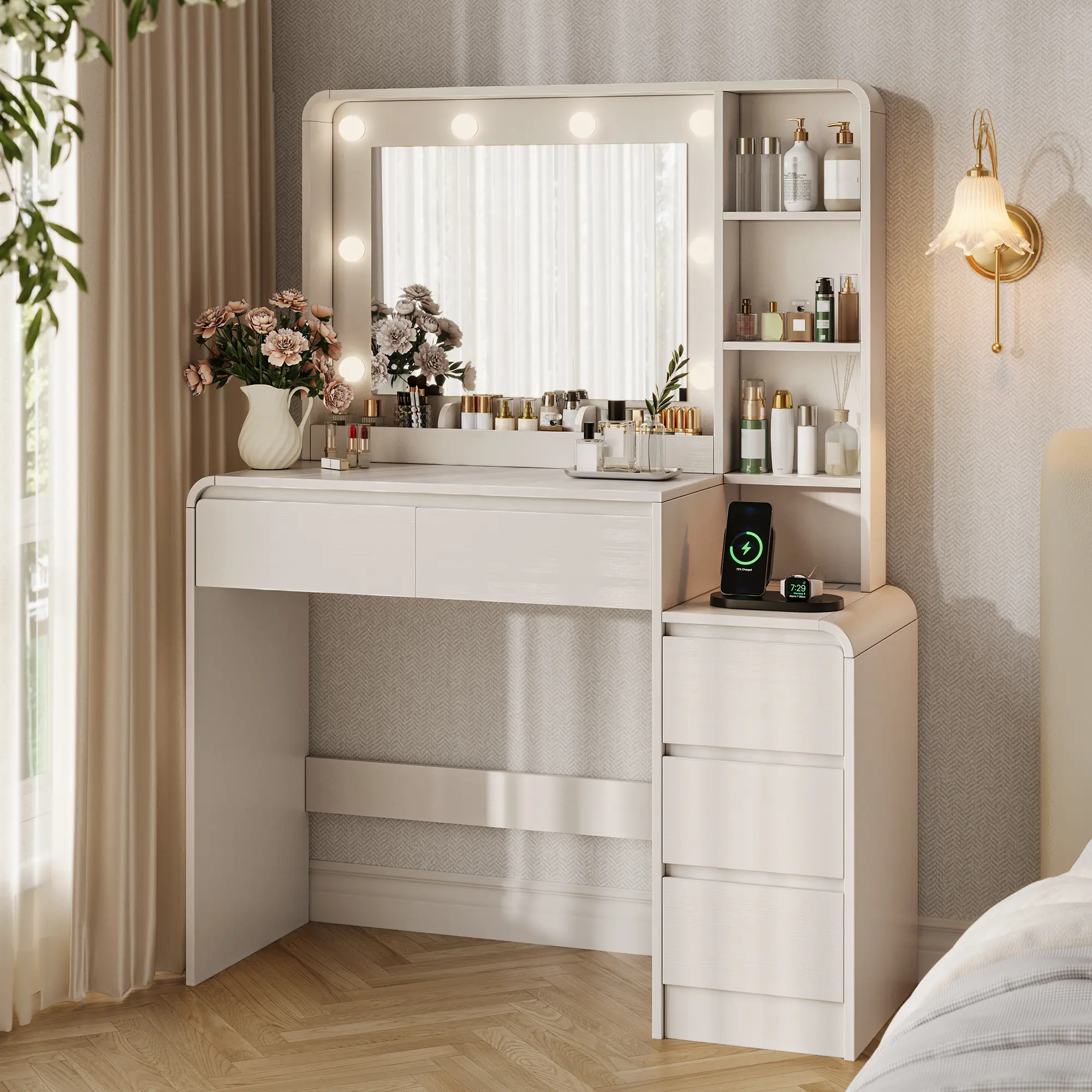 TOKSOM Women's Glam Makeup Vanity Desk with 35.4" Tabletop,19.2"Lighted Mirror,5 Drawers,6 Open Shelves,Built-in Charging Station,Power Outlet & Storage for Bedroom Decor,Indoor Furniture