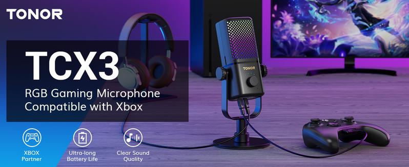 TONOR TCX3 Xbox Gaming Microphone with Boom Arm, RGB Condenser, Fast Charging, Low Noise, Compatible with Capture Card, 1.12 lb, One Tap Mute