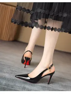 Women Pointed Toe Slingback Stiletto Heels, Patent Leather High Heels Dress Pumps with Adjustable Buckle, Closed Toe Backless Pumps for Wedding, Party, Evening, Office, Prom, Formal Dress Shoes, Black Nude