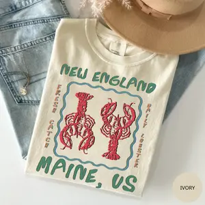 Comfort Colors Vintage New England Lobster Shirt, Maine Fisherman Aesthetic Tee, Coastal Seafood Shirt, Nautical Summer Shirt, Beach Vacation Outfit