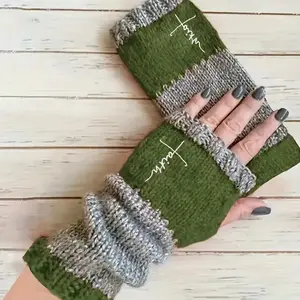 Women's Cross Stitch Embroidered Fingerless Gloves, Textured Colorblock Design, Autumn Winter Warm Hand Accessories, Fashionable and Comfortable